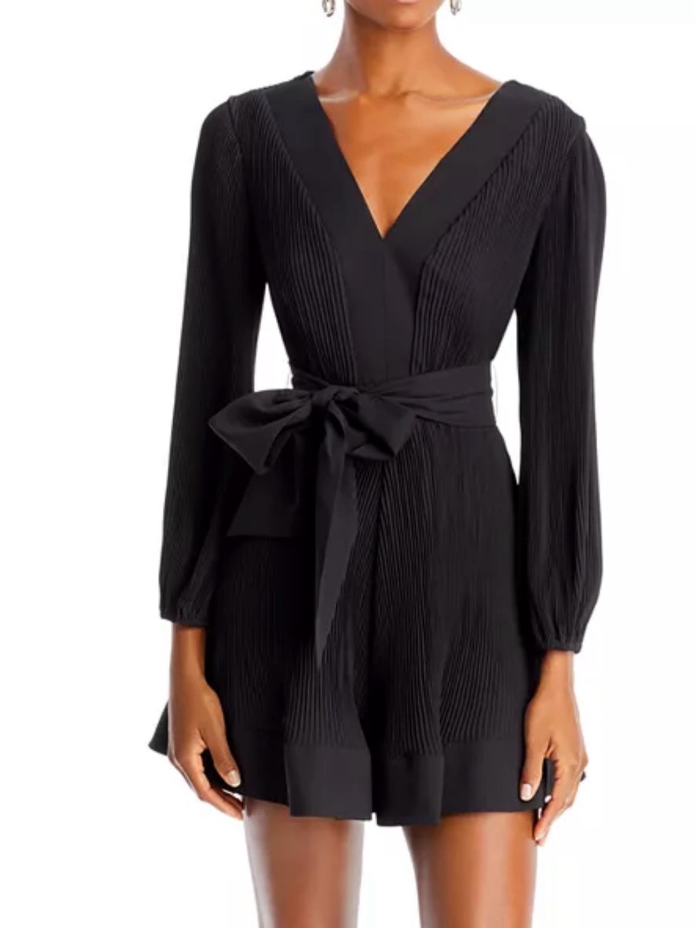 Milly Black V-Neck Long Sleeve Pleated Dress with Waist Tie